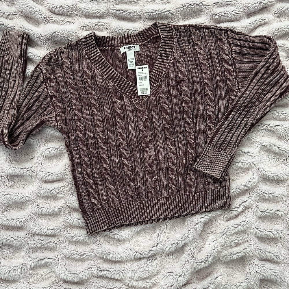 RSQ Burgandy V-Neck Lightweight Cable Knit Sweater
